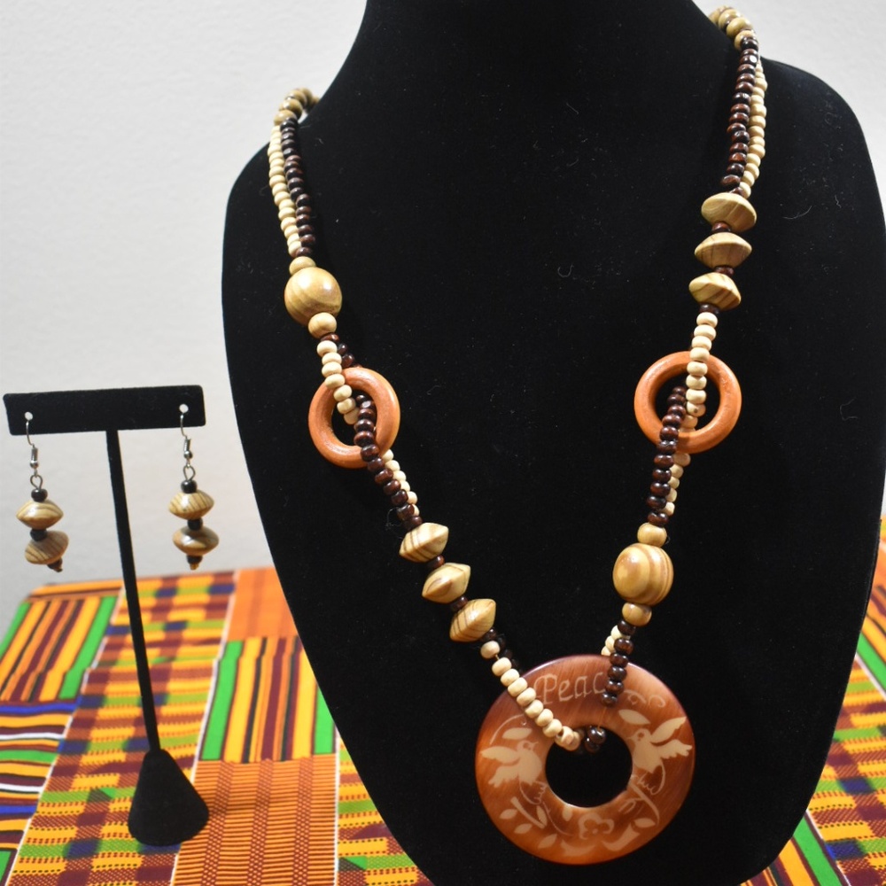 Matching Set: African Wooden Necklace and Earrings